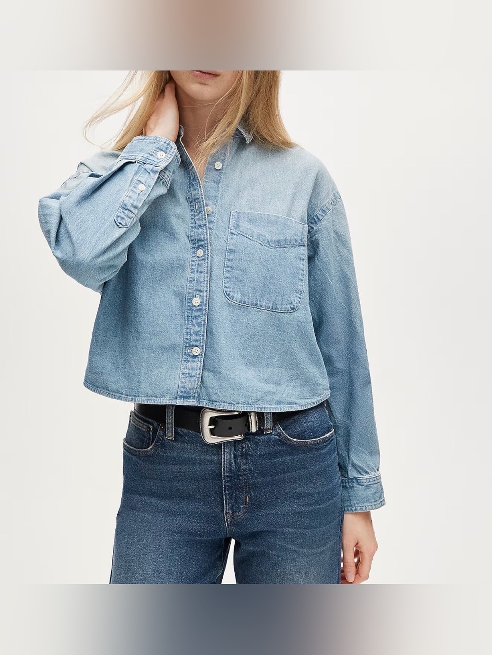 J.Crew.Women’s Étienne cropped button-up shirt in chambray.Cropped denim.S. NWT.